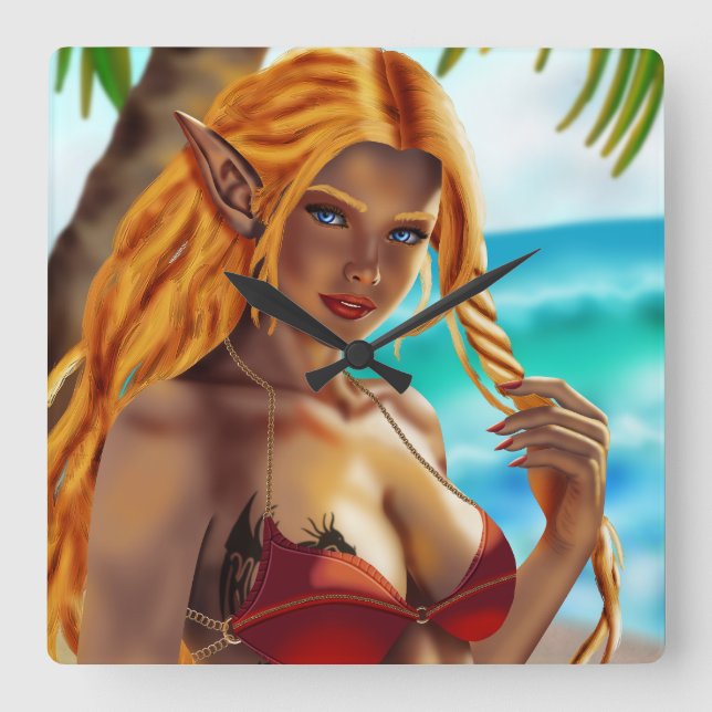 Cassja am Strand Quadratische Wanduhr (Vorderseite)