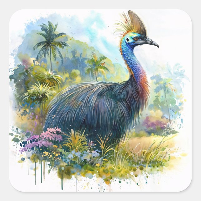 Cassowary Watercolor Art Quadratischer Aufkleber (Vorderseite)