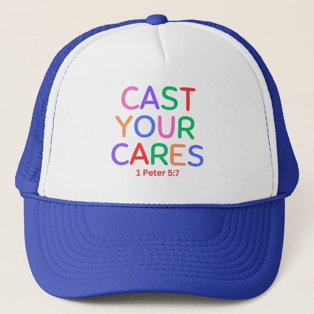 Cast Your Cares Bibel Verse Trucker Hat Truckerkappe (Vorderseite)