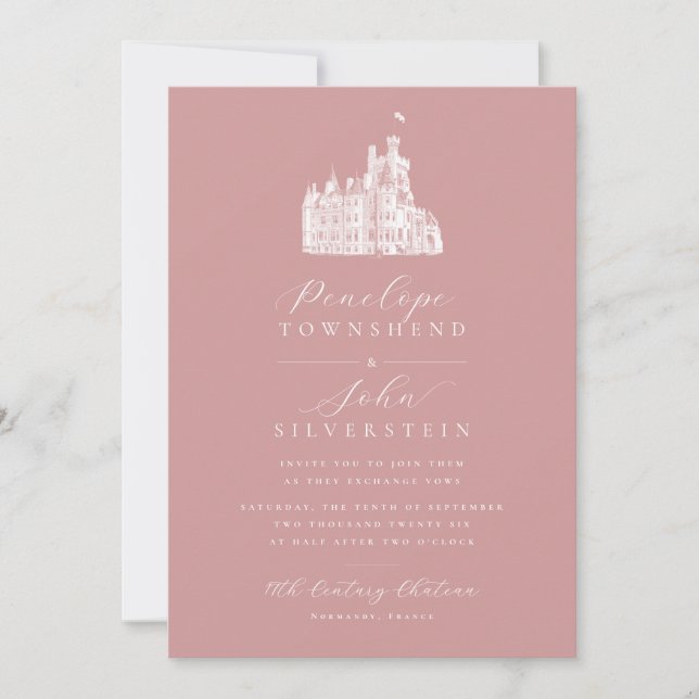 Castle Illustration Script Dusty Rose Pink Wedding Einladung (Vorderseite)