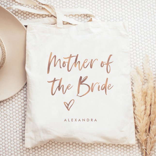 Casual Script | Chic Rose Gold Mother of the Bride Tragetasche (A modern faux rose gold look tote bag with casual script that says "mother of the bride" and a heart)