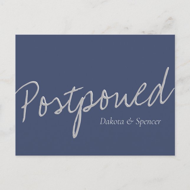 Casual Script | Navy Blue Grey Postponed Wedding Postkarte (Vorderseite)