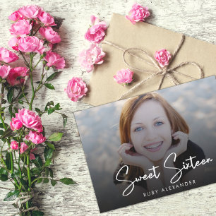 Casual Script White 4 Photo Sweet 16 Birthday Einladung