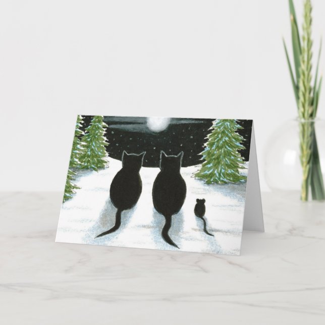 Cat 429 mit Maus beim Mondsehen Grußkarte Karte (Vorderseite)