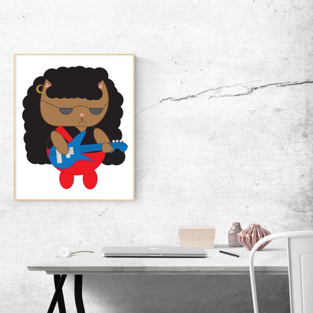 Cat 80er Heavy Metal Hair Band Bassist Poster (A fun poster of a cat dressed up as a member of a hair metal band playing bass.)