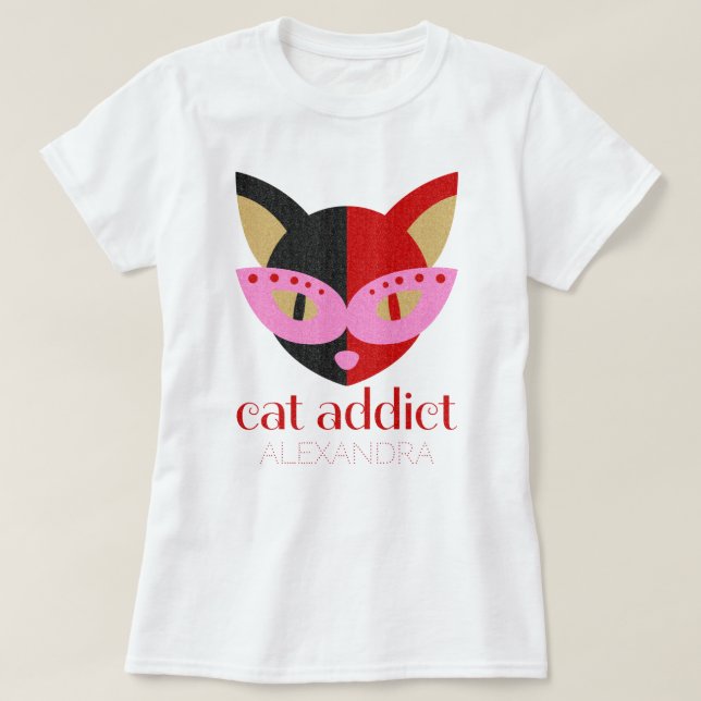 Cat Addict Niedlicher schwarz rosa Name angepasst T-Shirt (Design vorne)