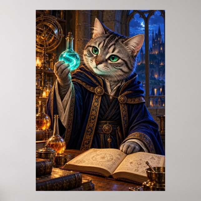 Cat Alchemist Fantasy Wizard Wall Art Poster (Vorne)