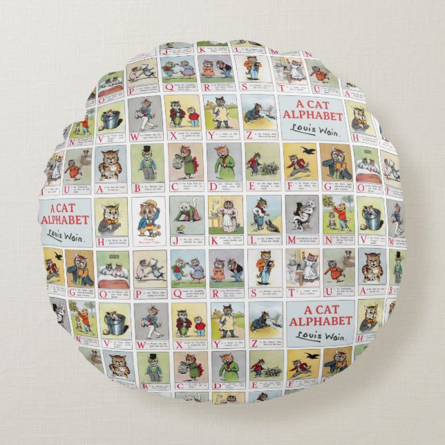Cat Alphabet, Louis Wain Rundes Kissen (Vorderseite)
