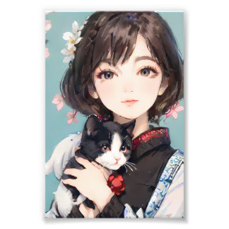 Cat and Anime Girl Style - Whimsical Friendship Fotodruck