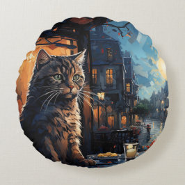 Cat and Café in der Nacht Rundes Kissen