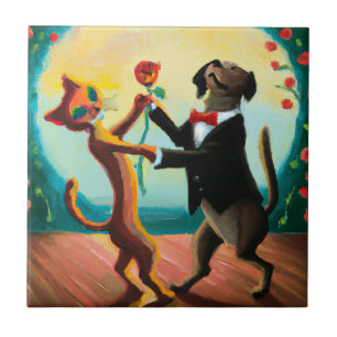 Cat and Dog Dancing Tango im Dance Club, AI Art Fliese