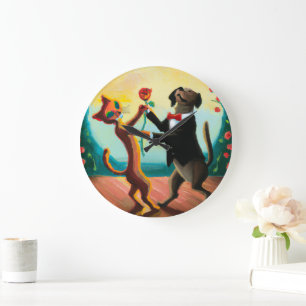 Cat and Dog Dancing Tango im Dance Club, AI Art Große Wanduhr
