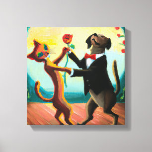 Cat and Dog Dancing Tango im Dance Club, AI Art Leinwanddruck