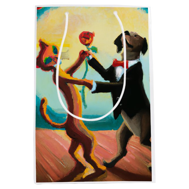 Cat and Dog Dancing Tango im Dance Club, AI Art Mittlere Geschenktüte (Vorderseite)