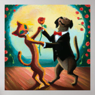 Cat and Dog Dancing Tango im Dance Club, AI Art Poster