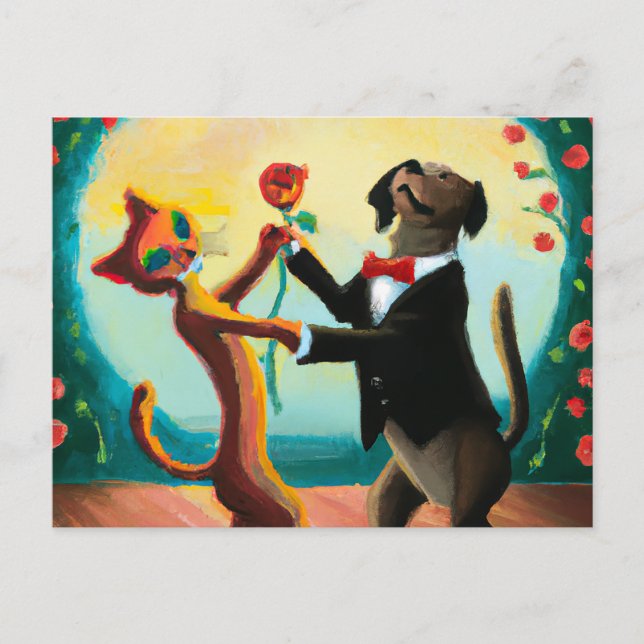 Cat and Dog Dancing Tango im Dance Club, AI Art Postkarte (Vorderseite)