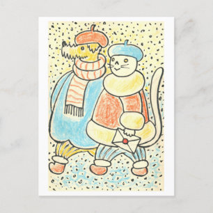 Cat and Dog Mailing Letter Vintag Illustration Postkarte