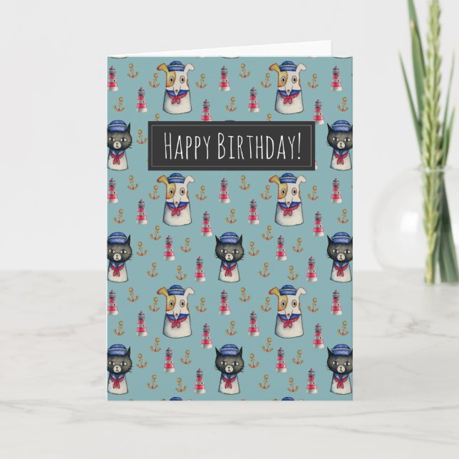 Cat and Dog Sailors Pattern | Happy Birthday Karte (Vorderseite)