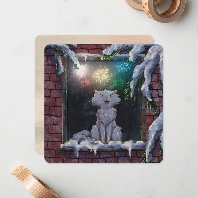 Cat and fireworks - card - by Monika Marzec Mitteilungskarte (Vorderseite/Rückseite Beispiel)