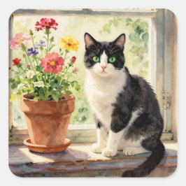 Cat and Flower Themed Quadratischer Aufkleber