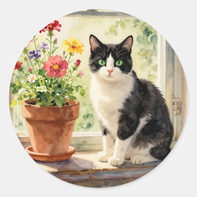 Cat and Flower Themed Runder Aufkleber (Vorderseite)