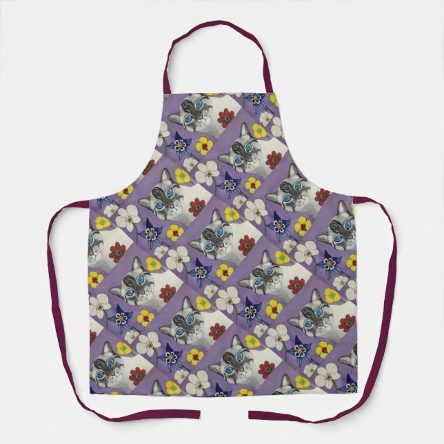 Cat and flowers All-Over Print Apron, Medium Schürze (Vorderseite)