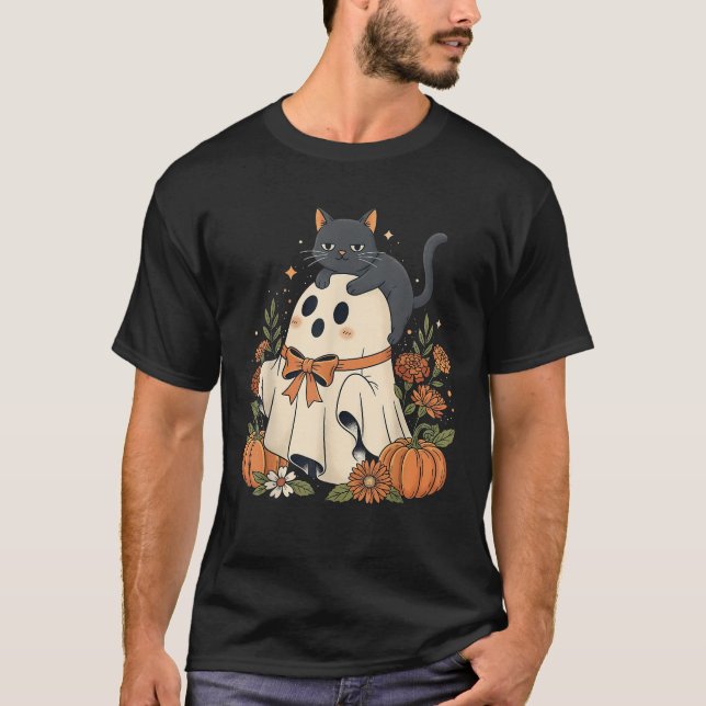 Cat and Ghost Pumpkin Autumn Floral Family Matchin T-Shirt (Vorderseite)