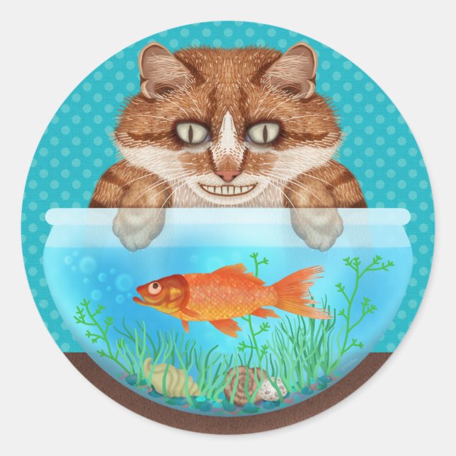 Cat and Goldfish Bowl Funny Hungernd Grinning Kitt Runder Aufkleber (Vorderseite)