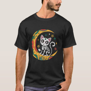 Cat and Moon Skull Dia de Los Muertos Day of the D T-Shirt