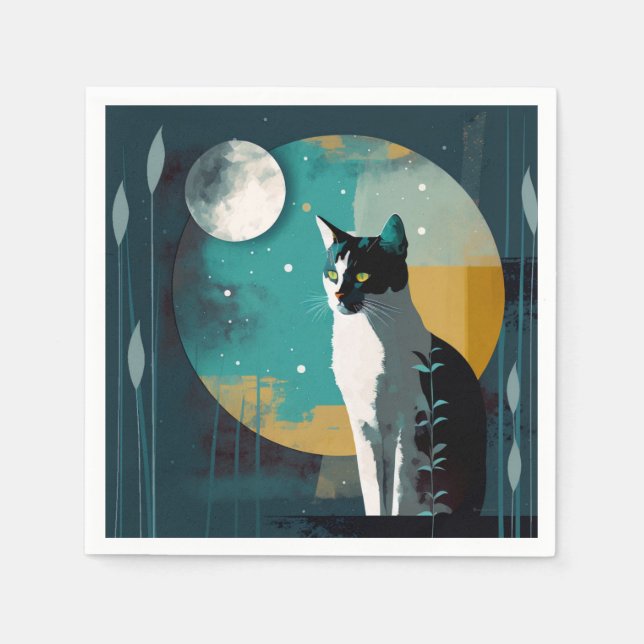 Cat and Moon with Fronds - Cocktail Napkins Serviette (Vorderseite)