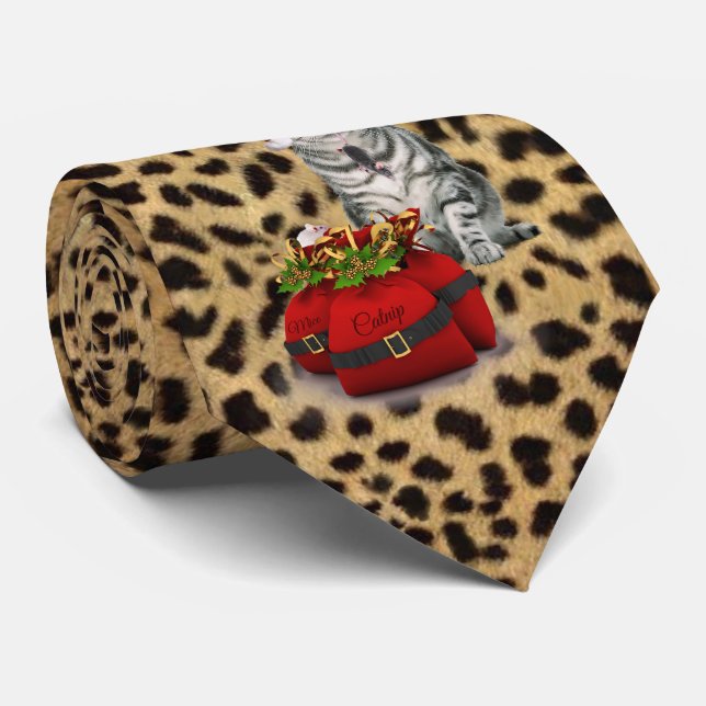 Cat and Mouse Christmas Cheetah Print Krawatte (Gerollt)