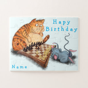 Cat and Mouse Playing Chess - Add Name - Birthday Puzzle