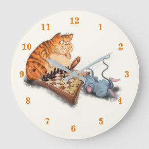 Cat and Mouse Playing Chess Cartoon Drawing Fun Große Wanduhr