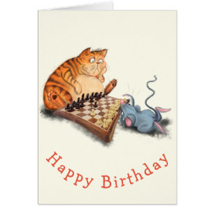 Cat and Mouse Playing Schach Baby Birthday Card