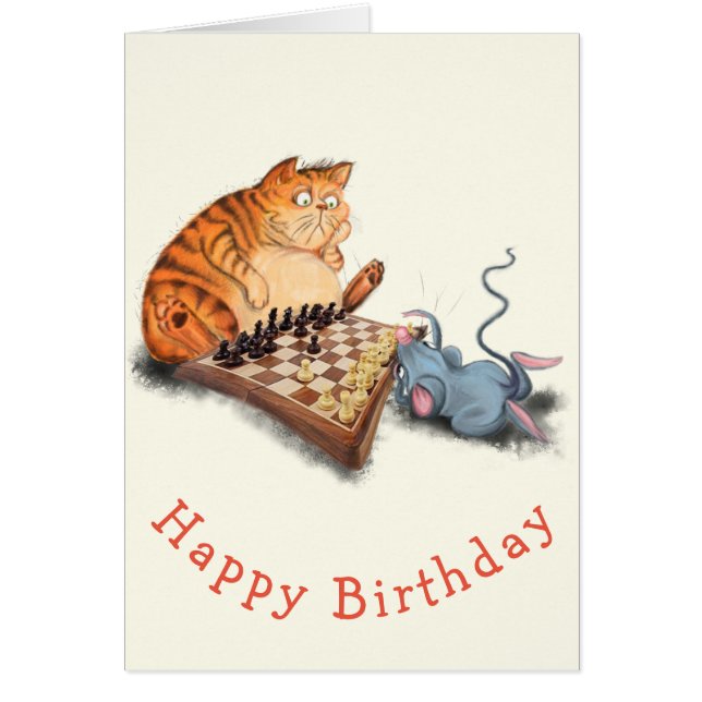 Cat and Mouse Playing Schach Baby Birthday Card (Vorne)