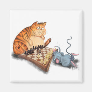 Cat and Mouse Playing Schach Cartoon Funny Paintin Magnet