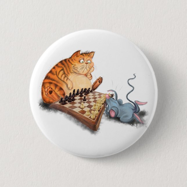 Cat and Mouse Playing Schach Cartoon Zeichn Funny  Button (Vorderseite)