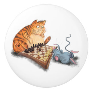 Cat and Mouse Playing Schach Cartoon Zeichn Funny Keramikknauf