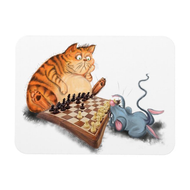 Cat and Mouse Playing Schach Cartoon Zeichn Funny Magnet (Horizontal)