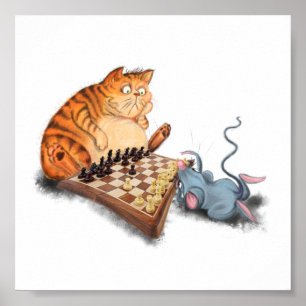 Cat and Mouse Playing Schach Cartoon Zeichn Funny Poster