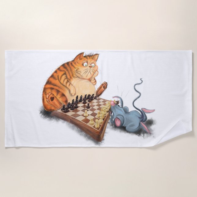 Cat and Mouse Playing Schach Cartoon Zeichn Funny Strandtuch (Vorderseite)