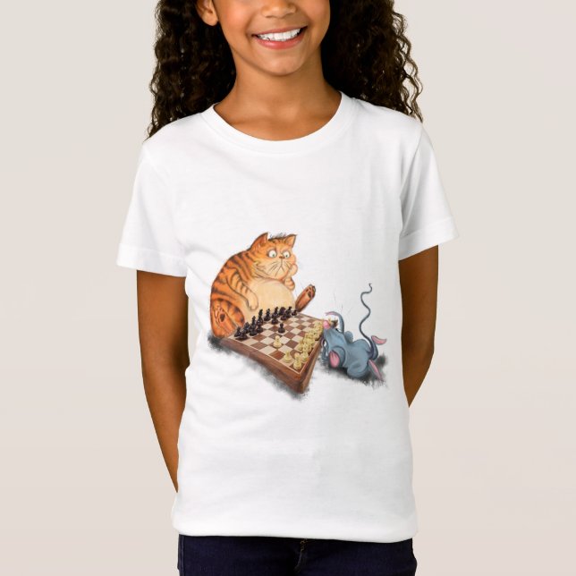 Cat and Mouse Playing Schach Cartoon Zeichn Funny T-Shirt (Vorderseite)