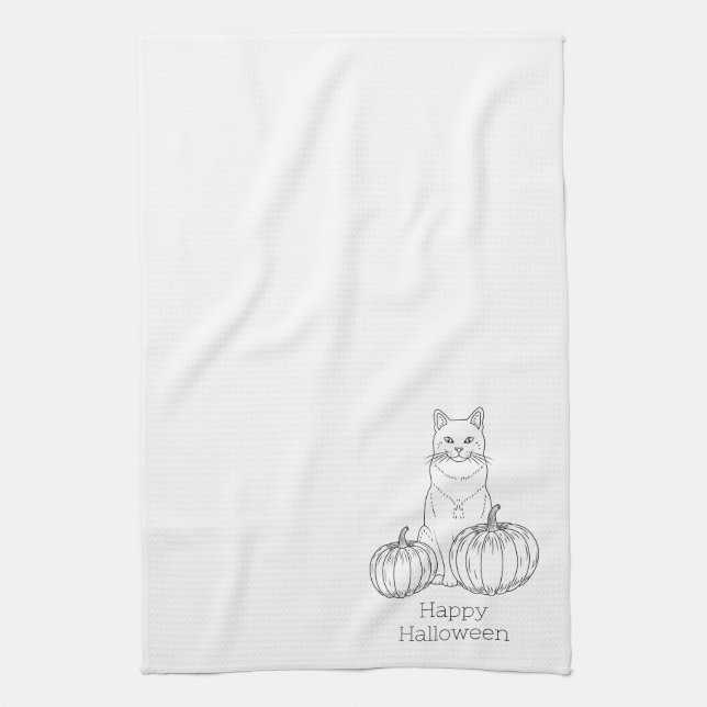 Cat and Pumpkins Line Art einfache minimale Hallow Geschirrtuch (Vertikal)