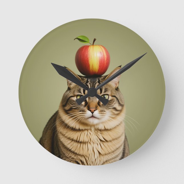 Cat Apple Runde Wanduhr (Vorderseite)