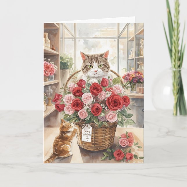 Cat arranging flower roses basket Valentine's Day  Karte (Vorderseite)