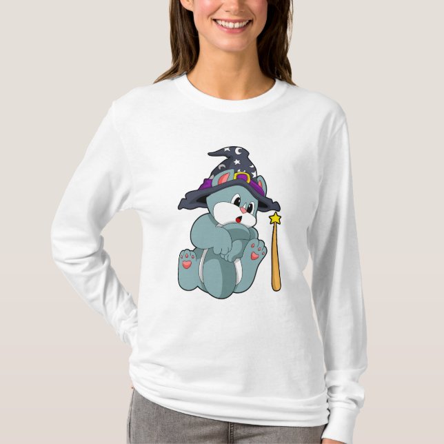 Cat as Wizard mit Zauberstab & Hut T-Shirt (Vorderseite)