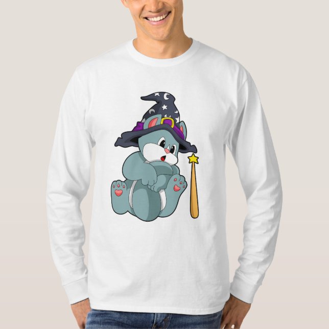 Cat as Wizard mit Zauberstab & Hut T-Shirt (Vorderseite)