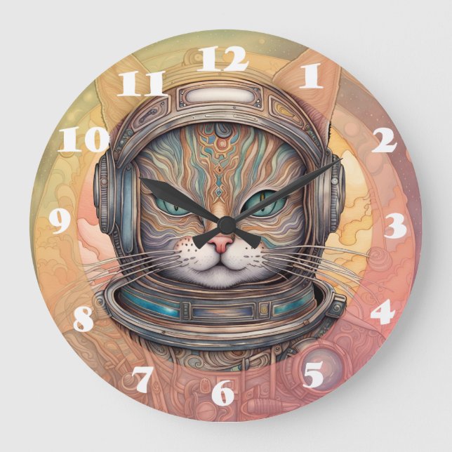 Cat Astronautin kompliziert detailliert Animes Art Große Wanduhr (Vorderseite)