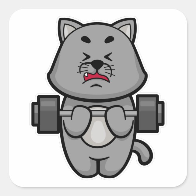 Cat at Biceps Training mit Barbell Quadratischer Aufkleber (Vorderseite)