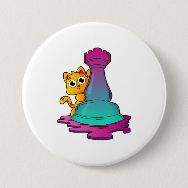 Cat at Chess with Chess piece Rook Button (Vorderseite)